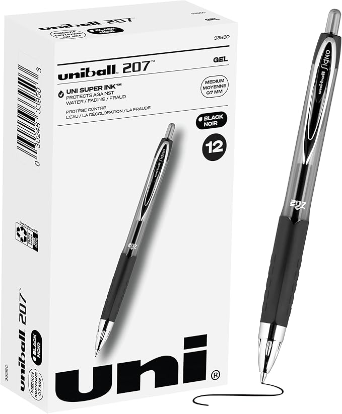 uni-ball Signo 207 Gel Pen, 0.7mm Medium Black, Smooth Writing (Pack of 12, 144 Count Total)