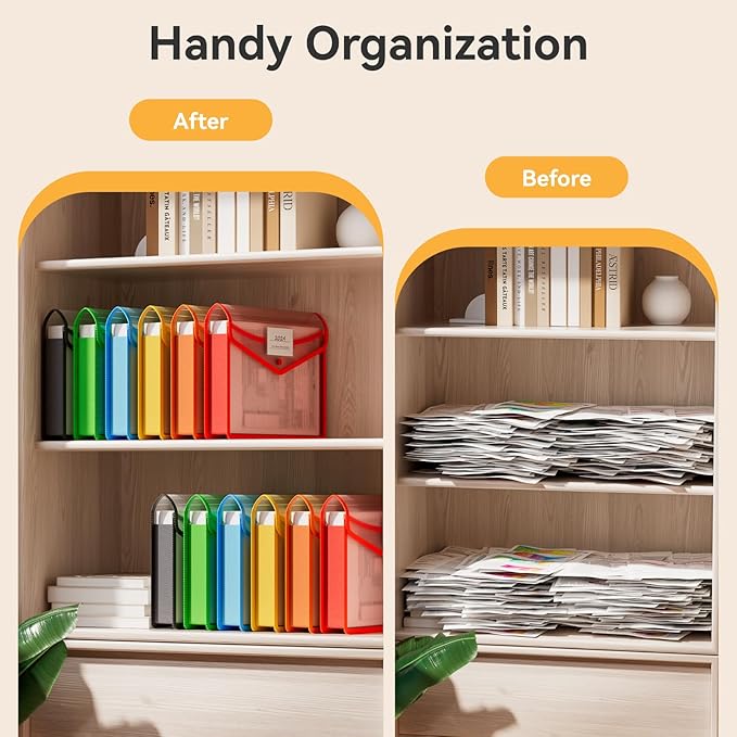ABC life 12 Pack Plastic Expanding File Folder, Folders for Documents with Snap Closure, Colorful File Folder Organizer Holder, Transparent Accordion File Pouch,Large Capacity, Fit Letter/A4 Size