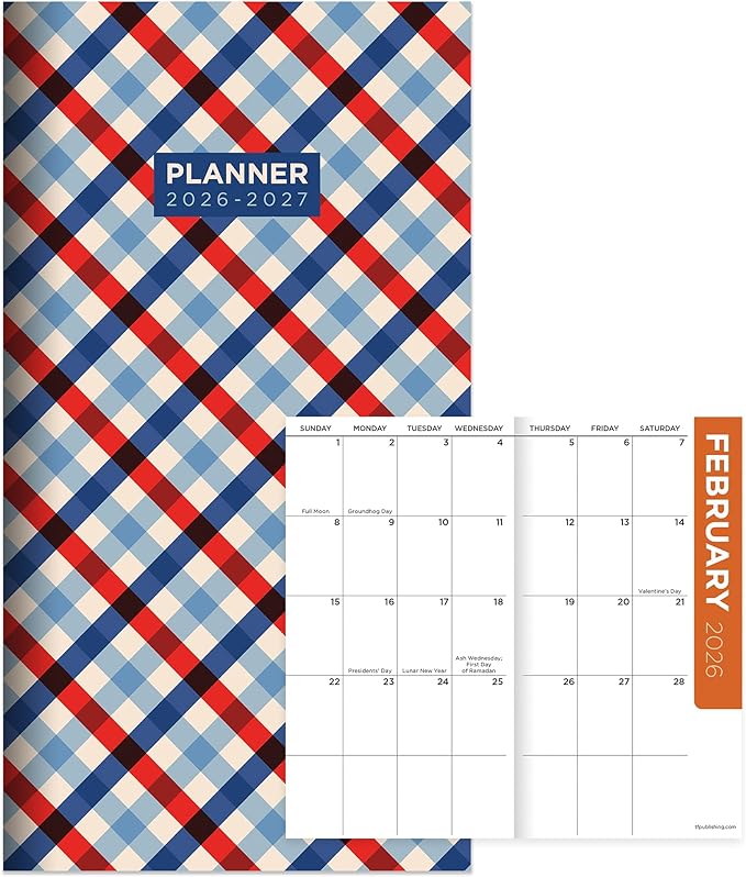 TF Publishing 2026-2027 Patriotic Plaid Small Monthly Pocket Planner with 2 Page Large Calendar Grid and Lined Notes Section - 2 Year Pocket Calendar 2026-2027 Perfect for Purse - 3.5in x 6.5in