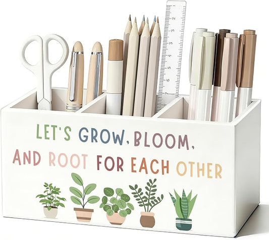 Boho Mental Health Classroom Pen Pencil Holder for Desk, Let's Grow Bloom and Root for Each Other Motivational Wooden Box Sign Decorations for Therapy Counselor Office Desk Tabletop