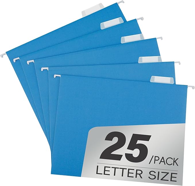 pmybupo Blue 25 Pack Hanging File Folders,Cabinet Organizer Letter Size 1/5 Cut Adjustable Label Decoration Home Office School Classroom