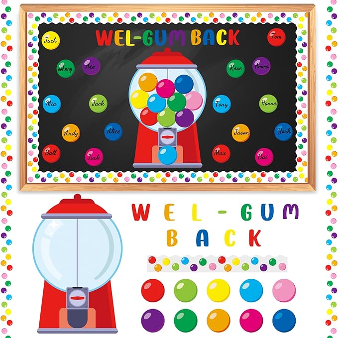 Gilprop 100 Pcs Gumball Machine Bulletin Board Decoration Set Colorful Bubble Gumballs Borders Cutouts for Back to School Classroom Welcome Candy Theme Chalkboard Wall Decor
