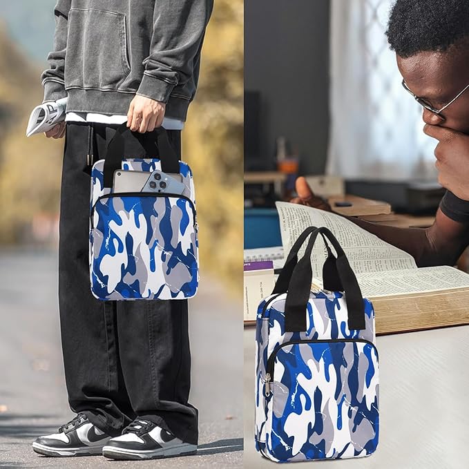 DSIUE Bible Cover for Boys Kids Book Carrying Case Scripture Bag with Handle Pockets Childrens Teens Church Bag Camo Blue