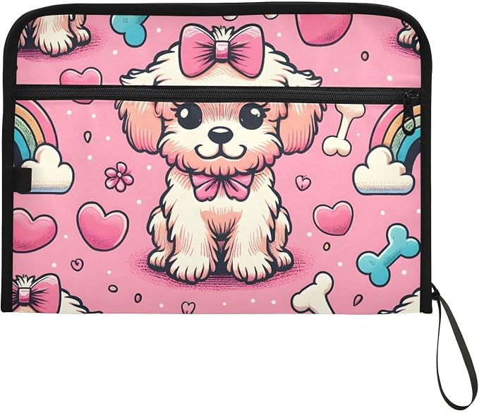 Expanding File Folder Pink Bow Dog Bone Rainbow Accordion File Organizer 13 Pockets Document Organizer with Zipper Labels A4 Letter Office Storage