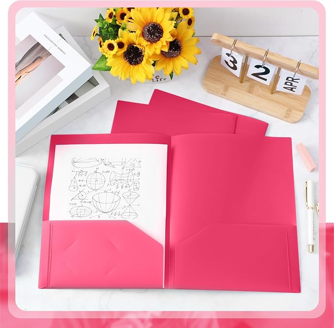 Gueevin 100 Pack Plastic Folder with Pockets, 2 Pocket Folders, Plastic Glossy Folders Fit Letter Size Paper, Heavy Duty Durable File Folder with Business Card for Home Office School (Hot Pink)
