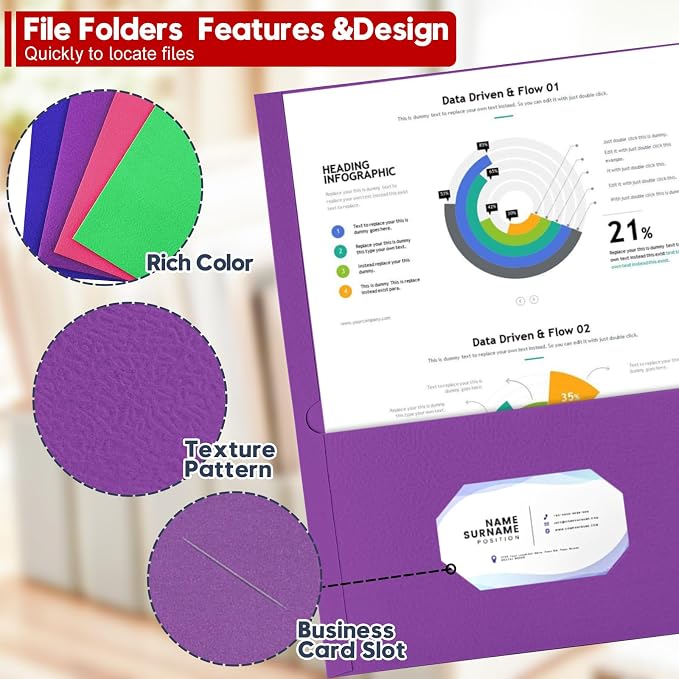 2 Pocket Folders, 100 Pack Bulk Durable Paper Letter Size File Folders with Business Card Slot for Office, Home, School and Business Use, Assorted 4 Colored