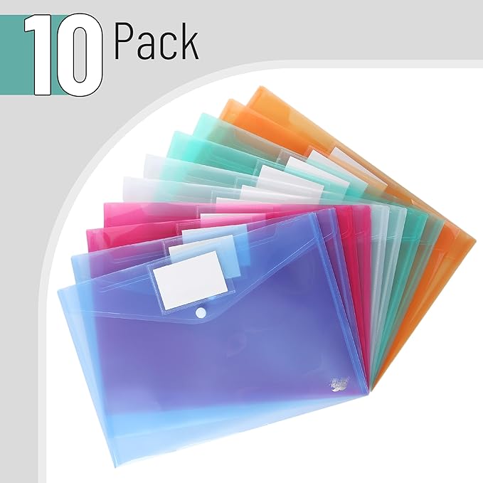 Mr. Pen- Plastic Envelopes, 10 Pack, A4, Letter Size, Plastic Envelopes with Snap Closure