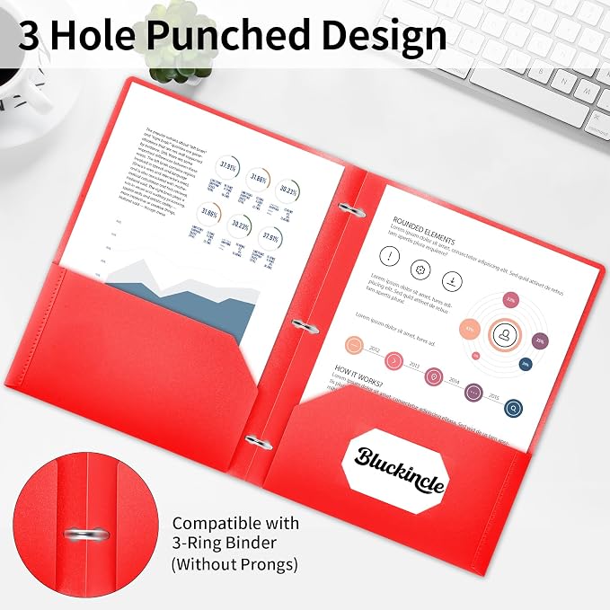 Plastic Folders with Pockets 3 Hole Punched, Pocket Folders for 3 Ring Binder, 6 Pack Colored File Folder for School, Office, Documents, Filing Cabinet, 2 Pocket Blinder Folder with Holes