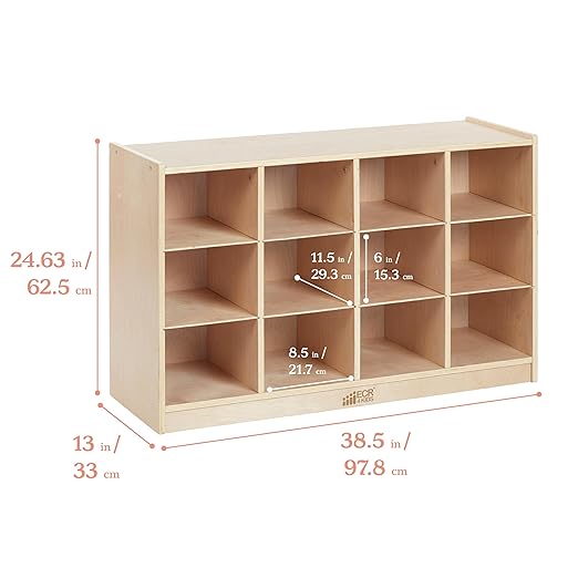 ECR4Kids 12 Cubby Mobile Tray Cabinet and 15 Scoop Front Bins, 3x4, Kids Furniture, Assorted
