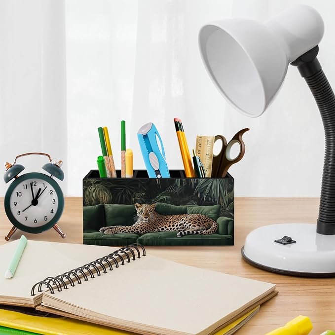 Vintage Trendy Leopard Pen Pencil Holder for Desk, Funky Dark Green Cheetah Office Desk Accessories, Maximalist Preppy Leopard Pen Holders Organizer for Classroom Office Desk