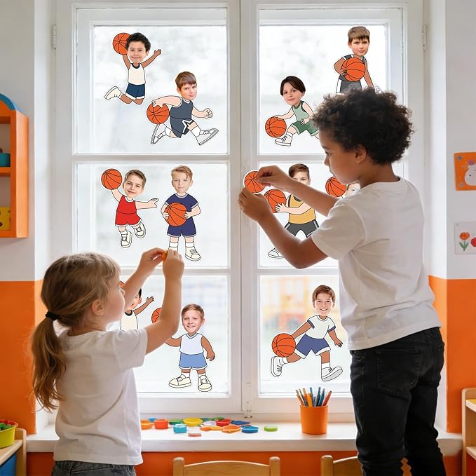 Whaline 50 Pcs Basketball DIY Cutouts Sports Ball Cut-Outs Basketball Player Paper Cutting with 100 Pcs Glue Points for Crafts Birthday Party Classroom Bulletin Board Photo