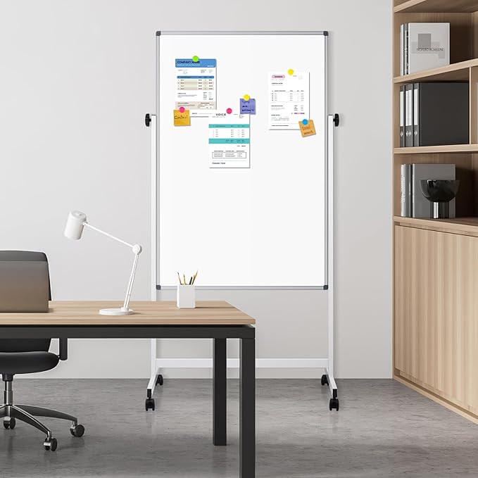 Rolling Whiteboard, 40" x 24" Magnetic Mobile White Board on Wheels, Double Sided, Height Adjustable Aluminum Frame Dry Erase Board Large Cork Bulletin Board for Office, Home, Classroom