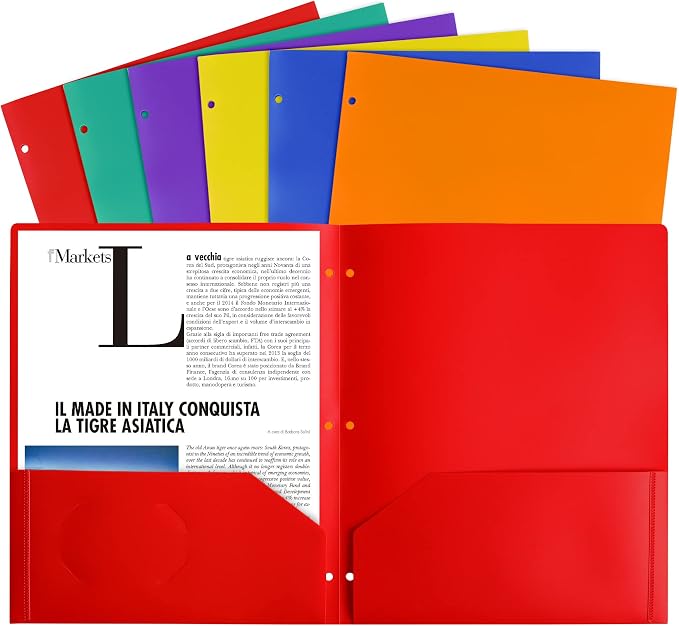 Feosky Folders with Pockets, 6 Assorted Colors Plastic Two Pocket Folders, File Folder, 2 Pockets Folder and 3 Hole for School, Home, and Office