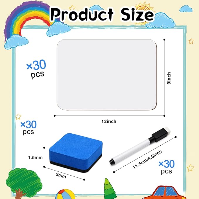 30 Pack Dry Erase Whiteboard Paddles, 9 x 12 Inch Wooden Double-Sided Handheld White Boards with Colorful 30 Markers & 30 Erasers Reusable Writing Paddles for Classroom Teaching & Auction Bidding