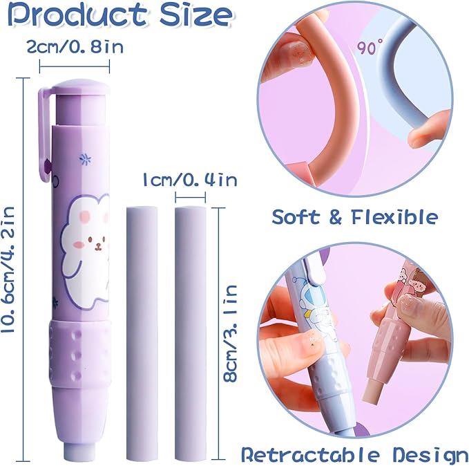 Cute Pencil Erasers, Kids Retractable Erasers with Refills, Standard Pen-Style Erasers, Fun Click Erasers, Kawaii Japanese Stationery Supplies (Purple)