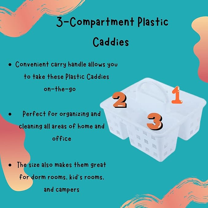 Divided 3-Compartment Plastic Caddies with Handle 10x8.75x7.5 in., Home Office Portable Multipurpose Utility Reusable Container Organizer Storage Holder Bucket Basket, Set of 2 (WHITE)