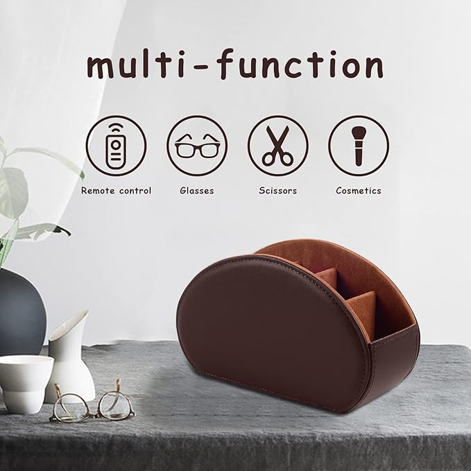 Tv Remote Holder Tray with 5 Compartment,PU Leather Remote Control Holder/Caddy,Placed Media Remote Storage Box/Glasses/Makeup Brush/Office Products/Desktop Organizers Nightstand Decoration (Brown)