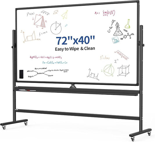 Large 72x40 Inch Mobile Whiteboard, Double-Sided Magnetic Dry Erase Board on 360-Degree Rolling Stand, Height-Adjustable, Reversible for Office, Classroom & Home Use