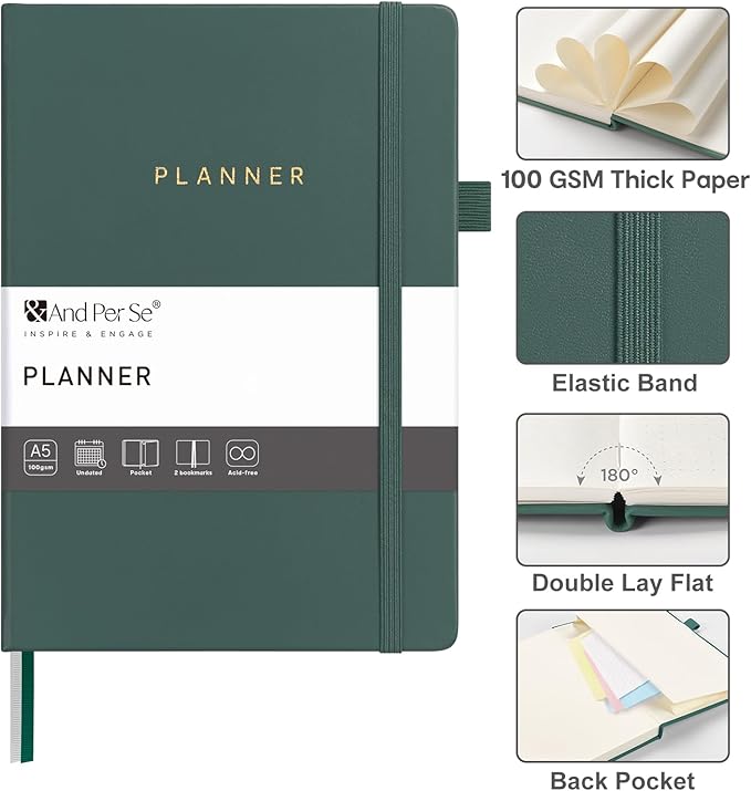 And Per Se Undated Weekly Planner 2026, A5 size Leather Hardcover Planner with Goals & Habit Tracker – ADHD Planner & Productivity Journal (Forest Green)