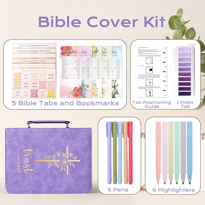 XKDOUS Bible Cover Case for Women, Leather Bible Bags with Handle, Study Supplies Journaling Kit, Gold Foiled Cross Carrying Case Large Church Book Holder Christian Gifts for Lady