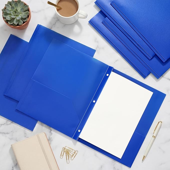 Cholemy 32 Packs Pocket Folders with Prongs Heavy Duty Plastic Folder with Business Card Slot 3 Prong Fasteners for School Office (Blue)