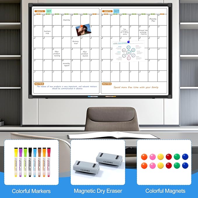 2 Month Whiteboard Dry Erase Calendar for Wall, 36" X 24" Magnetic Calendar Whiteboard for Wall, Wall Hanging Aluminum Frame with Tray for Home, School, Office