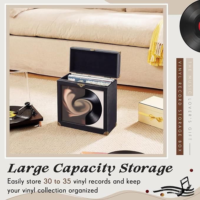 Amyhill Vinyl Record Storage Box with Display Window, Holds 30-35 Single Records 7/10/12 Inch Albums, PU Leather Record Case with Lid & Handle, Water-resistant Lp Storage for Records(Black,Wood)
