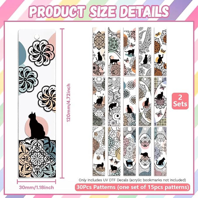 Peacoblue 30pcs UV DTF Bookmarks Transfer Stickers Wraps Retro Pattern for Women Men Reading, Waterproof Bookmarkers Decal(No Blank Bookmarks) for Acrylic Plastic Metal Blank Bookmark