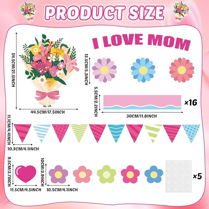 QOUBAI Mother's Day Bulletin Board Set I Love Mom Classroom Bulletin Board Decorations Mothers Day Flower Heart Cutouts Classroom Decorations for Preschool Nursery Toddler Kids Spring Decor Wall Door