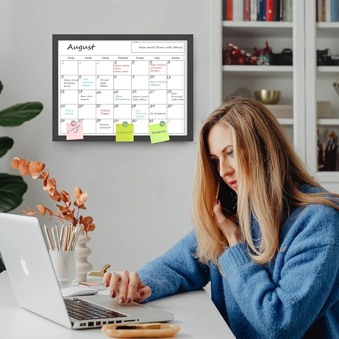 Dry Erase Calendar for Wall, 17x13 Inches Calendar Whiteboard for Wall, Small Magnetic Monthly White Board with Wood Framed, Hanging Dry Erase Board for Kitchen Home Office School Planner