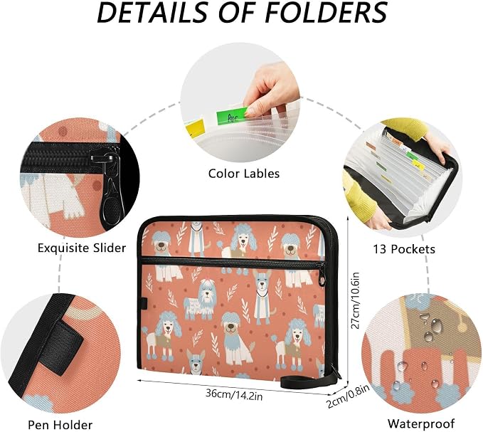13 Pockets Expanding File Folder Poodle Dog Dogs with Sticky Labels Accordion File Folder Document Organizer Letter Size A4 Papers Expandable File Keeper