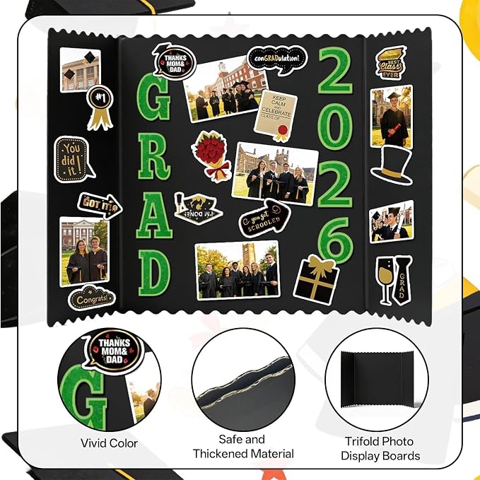 4 Set Graduation Photo Trifold Poster Board, Class of 2026 Graduation Picture Display Boards with Colorful Grad Stickers, Photo Display Board for Grad Party Multiple Pictures Table Decor, 24 x 16 Inch
