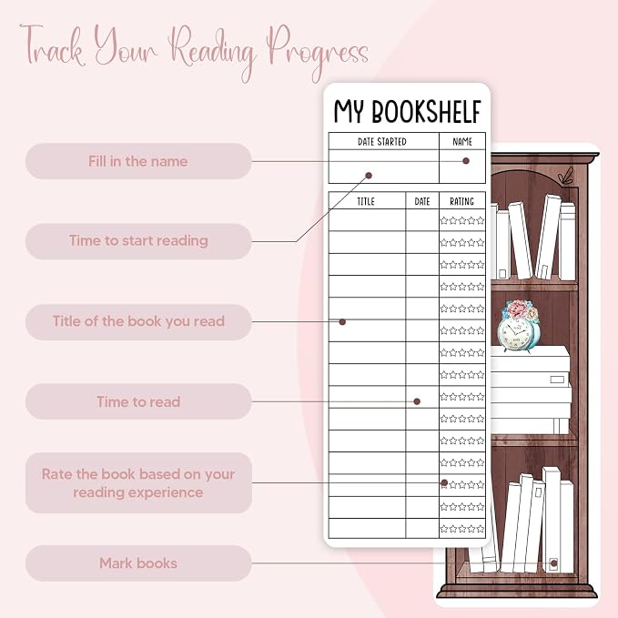 100 Pieces Reading List Bookmarks Book Tracker Bookmarks Bookshelf Design Library Card Bookmark Reading Log Bookmark Double-Sided Reading Page Markers for Book Lovers Women Students School Supplies