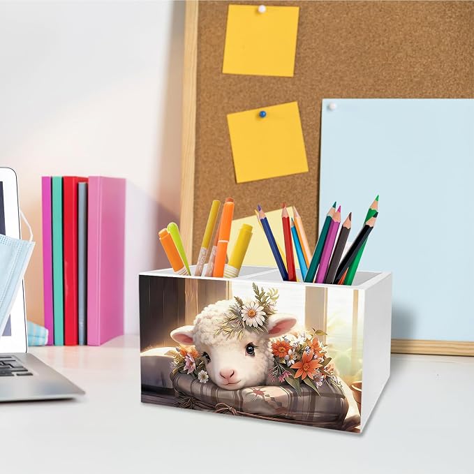 Floral Lamb Pen Holder for Desk, Sheep Gifts for Women Pencil Organizer, Rustic Farmhouse Flower Lamb Wooden Box Sign Desk Decor for Home Office Decoration