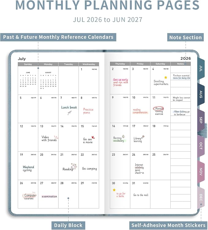 AHGXG Pocket Calendar 2026-2027, July 2026 - June 2027, Academic Planner, Weekly and Monthly, Small Size for Purse, Hardcover, 12-Month Tabs, for Women, School, 3.9"X 6.7" (Gray Blue)