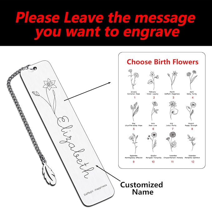 Personalized Bookmarks for Women Book Lover Birth Flower Birthday Customized Gifts for Reading Her Daughter Friends (Birth Flower with Flower Language)