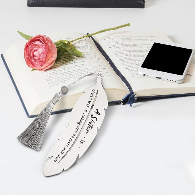 A Sister is God’s Way Bookmark, Inspirational Gift for Soul Sister & Best Friend, Christian Birthday Graduation, Christmas Gift for Women, Daughter, Metal Feather Bookmark with Tassel VBK216