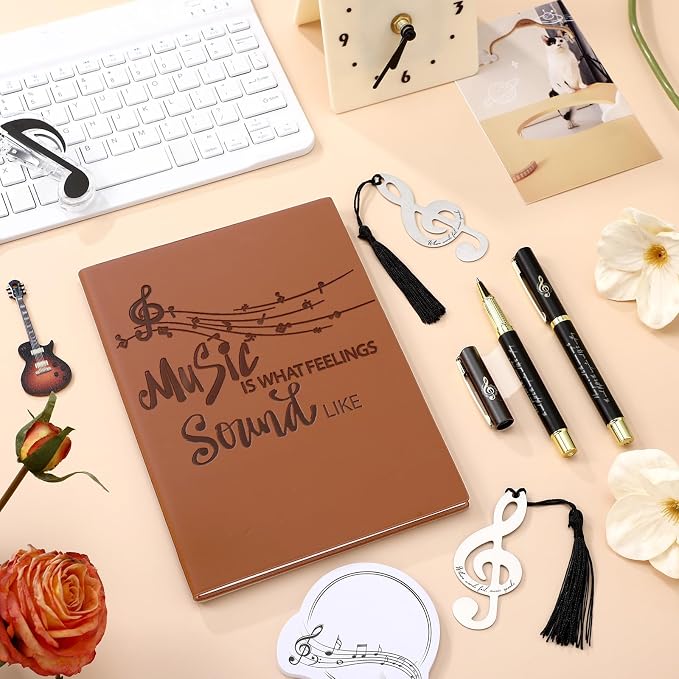 Thenshop 5 Pcs Music Lover Gifts for Women Men Music Teacher Appreciation Gifts Leather Notebook with Pens and 2 Bookmarks for Friend Musicians Piano Teacher Appreciation Birthday