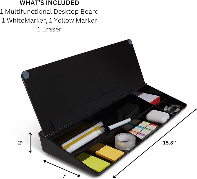 GAROOD Desktop Dry Erase Board with Storage Black Color Dry Erase Board Desk Board Glass Desktop Board with Stand Home Office Desk Organizer Phone Holder 15.8X7X2 inches