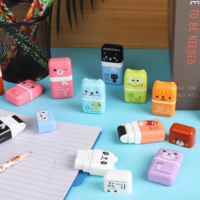 CCINEE 12 Pcs Pencil Erasers,Cute Erasers with Cover and Clean Up Shaving Roller for School Gift Supplies Classroom Prizes