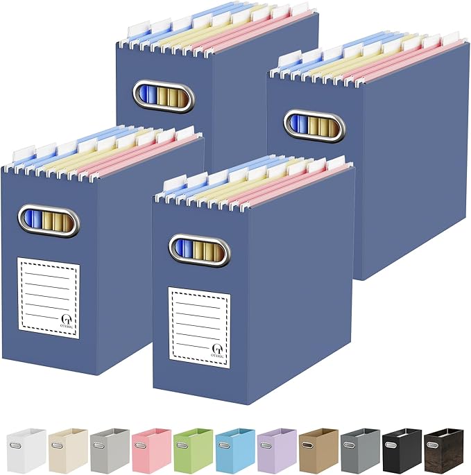 Oterri File Organizer Box, Portable Collapsible Cardboard File Folder Organizer with Handle for Letter Size Hanging Files, Document Storage Box for Home Office & Classroom (4 Packs, Navy)