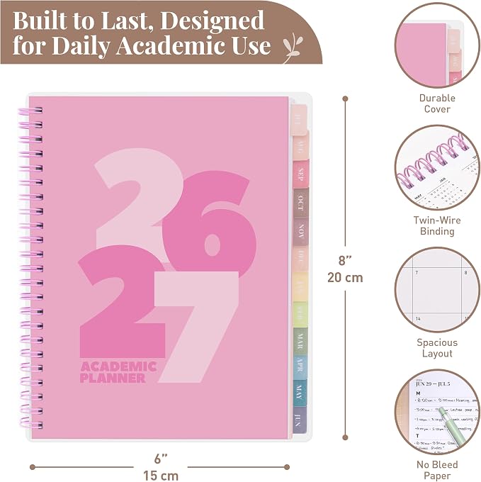 Rileys Academic Planner 2026-2027, Daily, Weekly & Monthly Planner, July 2026 - June 2027, Student Notes Pages, Twin-Wire Binding, Weekly Agenda for School & Work (8 x 6-Inches, Chunky, Pink)