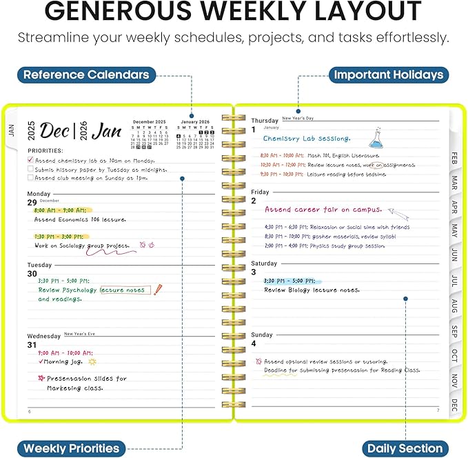 2026 Planner, Weekly and Monthly Calender Planner, Jan 2026 to Dec 2026, Hardcover 2026 Calendar Book with Tabs & Inner Pocket, Office Home School Supplies for Women & Men - A5 (6.3" x 8.5"), Lemon Yellow