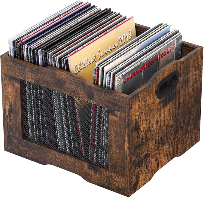 Pack of 2 Vinyl Record Storage Crate, Stackable LP Display Shelf, Heavy Duty Wood Organizer Box for Collectors/Store/Home/Office/School/Artistic Space/Garage/Warehouse, Brown