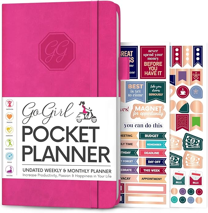 GoGirl Planner and Organizer for Women – Pocket Weekly Planner, Goals Journal & Agenda for Time Management & Productivity. Undated (Hot Pink)