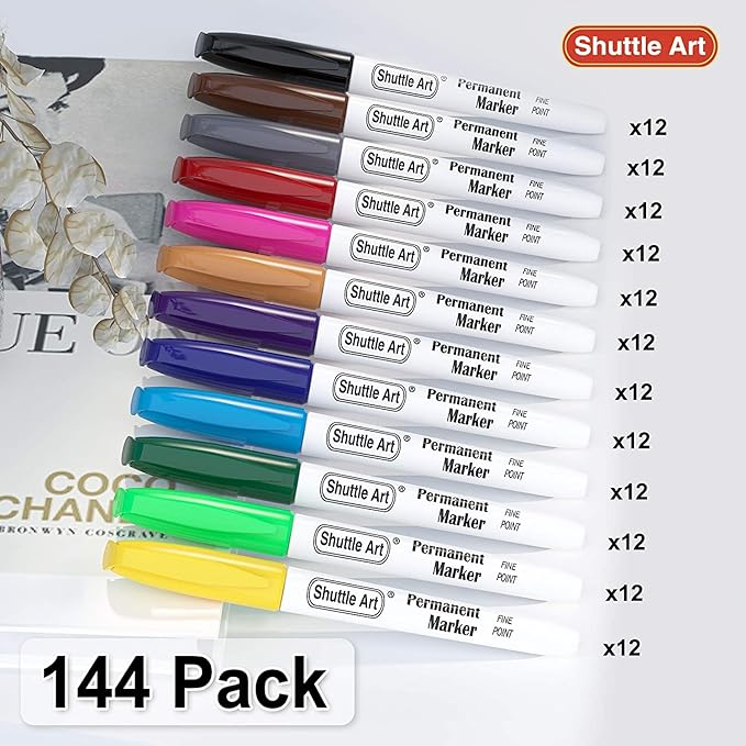 Shuttle Art 144 Pack Permanent Markers, Permanent Marker Assorted Colors, 12 Bright Colors Fine Point Permanent Markers For Students and Adult Coloring on Wood, Stone, Glass as Office, School Supplies