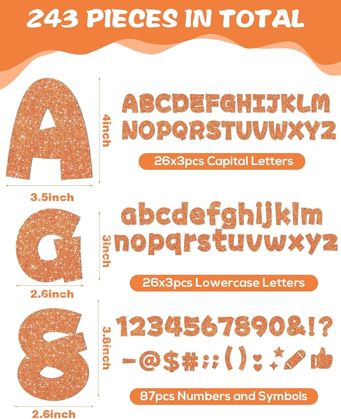 243 Pcs Glitter Bulletin Board Letters Set, 4 Inch Alphabet Poster Board Cardboard Cutouts with Numbers and Punctuation, Classroom School Wall Display Decorations (Orange)