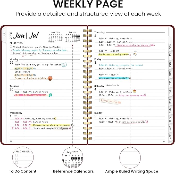 Planner 2026-2027 for Women & Men, Academic Monthly and Weekly Calendar Planner, Jul 2026 - Jun 2027, A4 (8.5" x 11"), Teacher Student Planning Book with Tabs, Ideal for Office School Supplies - Burgundy