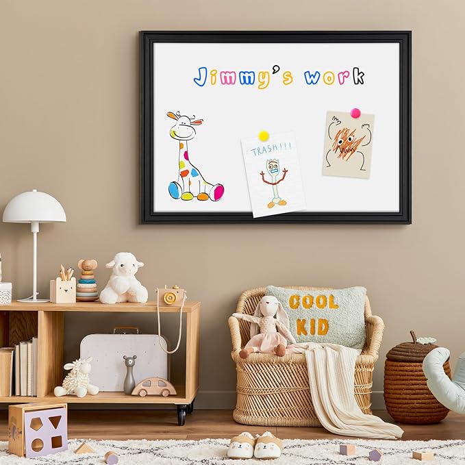 4 THOUGHT Dry Erase Board, 18 x 24 in Magnetic Whiteboard Black Vintage Wood Frame Wall-Mounted White Board Decorative Notice Board for School, Office, Home, Kitchen with 8 Magnets 4 Markers 1 Eraser