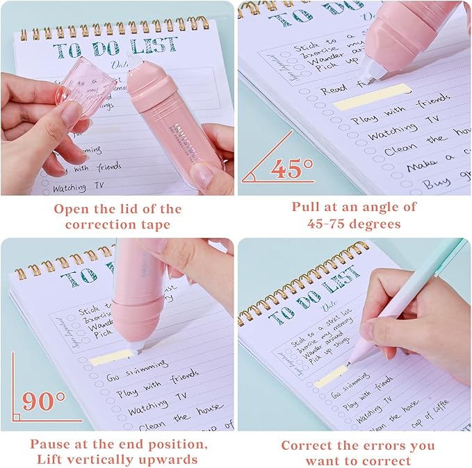 Temiary 4 Pcs White Correction Tapes, Beige Core Smooth Pull Out for Writing, Aesthetic Cream Correction Tape Gradient Set, Quick Dry Applicator for Students School Office Supplies (Pink)